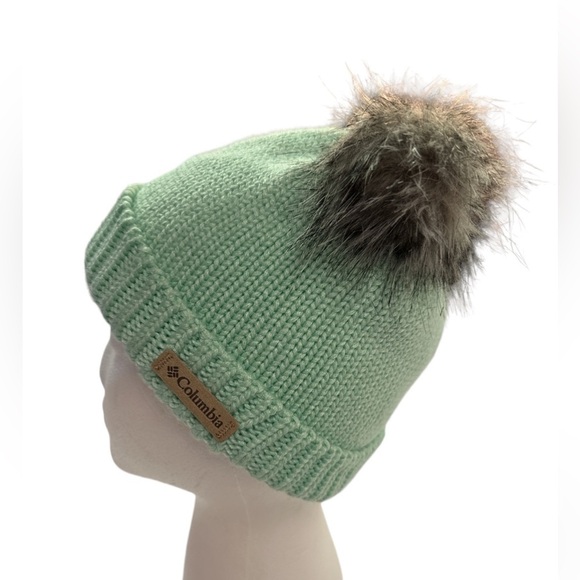 Columbia Mint Green Child’s Knit Acrylic Winter Hat w/Faux Fur OS New - Picture 1 of 7